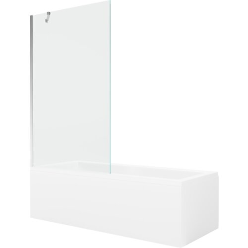 Prostokątna wanna z białą obudową i przezroczystym, jednoskrzydłowym parawanem, zamontowanym na metalowym uchwycie. Produkt ma minimalistyczny design z chromowanymi elementami.