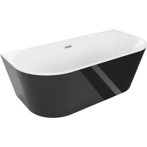 Biała wanna wolnostojąca o owalnym kształcie z czarną zewnętrzną powierzchnią i przelewem z niklu szczotkowanego. Produkt ma wymiary 140 x 75 cm.