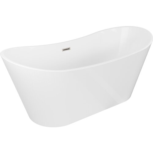 Biała wanna wolnostojąca o opływowym kształcie, z widocznym przelewem w kolorze niklu szczotkowanego. Produkt ma gładką powierzchnię i elegancki design.