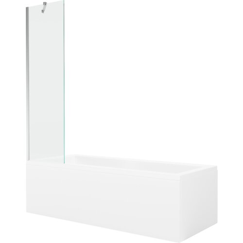 Prostokątna wanna z obudową i przezroczystym, jednoskrzydłowym parawanem, wykonana w kolorze białym z chromowanymi elementami. Produkt ma wymiary 170 x 70 cm.