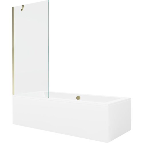 Prostokątna wanna z obudową i przezroczystym, jednoskrzydłowym parawanem, posiada złote elementy wykończenia. Produkt ma minimalistyczny design i gładką, białą powierzchnię.