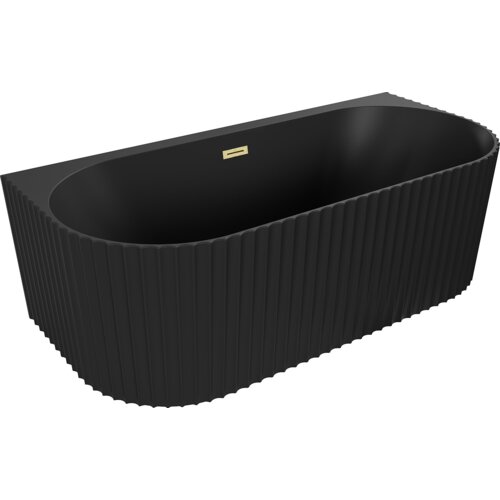 Czarna, matowa wanna wolnostojąca o ryflowanej powierzchni i prostokątnym kształcie, z widocznym złotym, szczotkowanym przelewem. Produkt ma wymiary 170 x 80 cm.