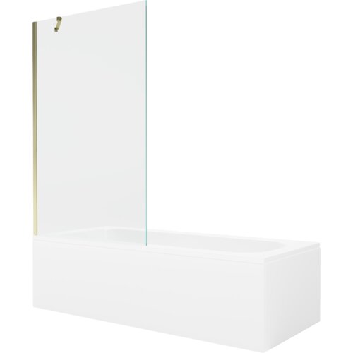 Prostokątna wanna z białą obudową i przezroczystym, jednoskrzydłowym parawanem, który ma złote elementy mocujące. Produkt ma minimalistyczny design i gładką powierzchnię.