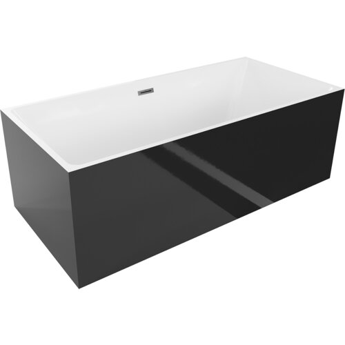 Biała wanna wolnostojąca o prostokątnym kształcie z czarnymi bokami i metalowym przelewem. Produkt ma gładką powierzchnię i nowoczesny design.