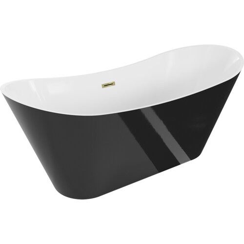 Na zdjęciu znajduje się wolnostojąca wanna o białym wnętrzu i czarnej zewnętrznej powierzchni, z widocznym złotym przelewem. Produkt ma elegancki, nowoczesny design.