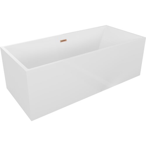 Biała, prostokątna wanna wolnostojąca z widocznym przelewem w kolorze miedzi szczotkowanej. Produkt ma gładką powierzchnię i minimalistyczny design.