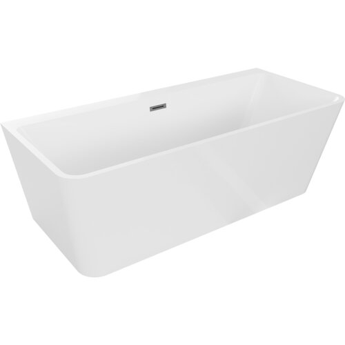 Biała wanna wolnostojąca o prostokątnym kształcie z przelewem w kolorze gun gray szczotkowanym. Produkt ma gładką powierzchnię i minimalistyczny design.