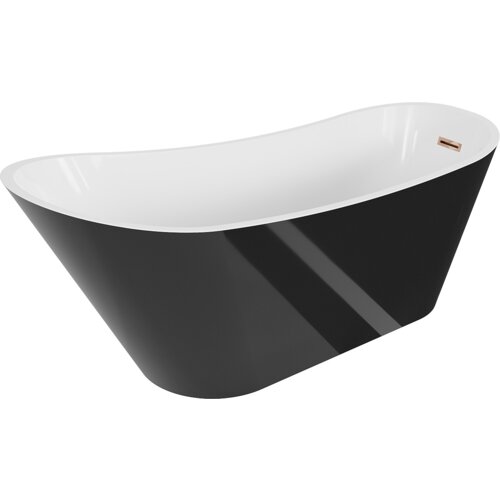 Wanna wolnostojąca o gładkiej, białej powierzchni wewnętrznej i czarnej zewnętrznej, z przelewem w kolorze różowego złota. Produkt ma elegancki, nowoczesny design.