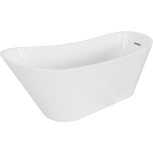 Biała wanna wolnostojąca o opływowym kształcie, z przelewem w kolorze niklu szczotkowanego. Produkt ma gładką powierzchnię i elegancki design.