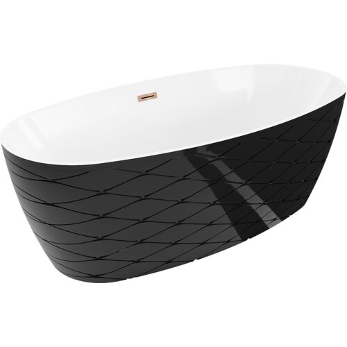 Biała i czarna wanna wolnostojąca o wzorze zewnętrznym z przelewem w kolorze różowego złota. Produkt ma elegancki, nowoczesny design z geometrycznym wzorem na zewnętrznej powierzchni.