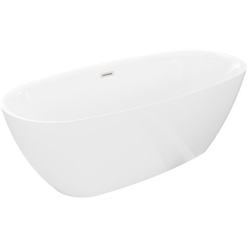Biała, wolnostojąca wanna o opływowym kształcie z widocznym przelewem w kolorze niklu szczotkowanego. Produkt to "Mexen Luvo Slim wanna wolnostojąca 170 x 75 cm, biała, przelew nikiel szczotkowany - 52801707500-97".
