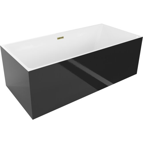 Na zdjęciu widoczna jest prostokątna wanna wolnostojąca o białym wnętrzu i czarnych bokach, z widocznym złotym przelewem. Produkt ma nowoczesny design i gładką powierzchnię.