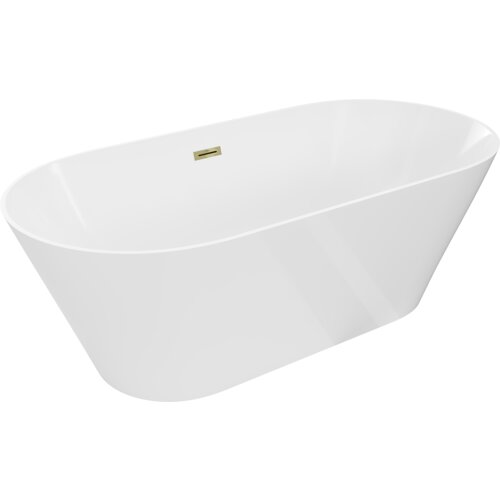 Biała, wolnostojąca wanna o opływowym kształcie z widocznym złotym przelewem. Produkt ma gładką powierzchnię i minimalistyczny design.