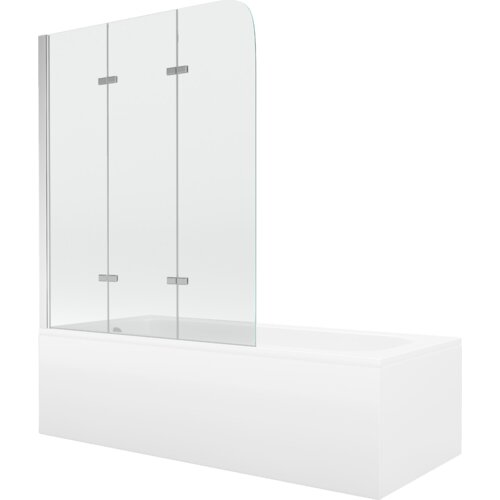 Prostokątna wanna z białą obudową, wyposażona w trzyczęściowy, przezroczysty parawan z chromowanymi zawiasami. Produkt ma nowoczesny design i gładkie wykończenie.