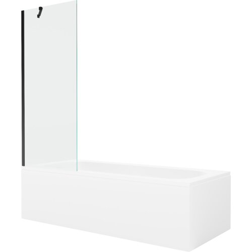 Prostokątna wanna z białą obudową i przezroczystym, jednoskrzydłowym parawanem z czarnym uchwytem. Produkt ma minimalistyczny design i gładkie wykończenie.