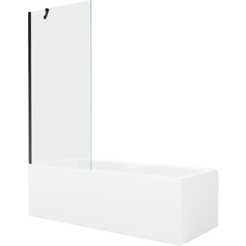 Prostokątna wanna z białą obudową i przezroczystym, jednoskrzydłowym parawanem z czarnym uchwytem. Produkt ma minimalistyczny design i gładkie wykończenie.