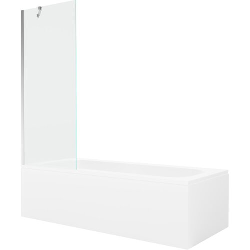 Prostokątna wanna z białą obudową i przezroczystym, jednoskrzydłowym parawanem z chromowanym uchwytem. Produkt ma minimalistyczny design i gładką powierzchnię.