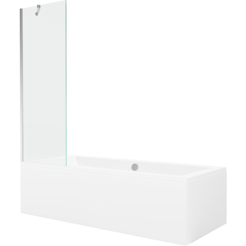 Prostokątna wanna z obudową i przezroczystym, jednoskrzydłowym parawanem, wykonana w kolorze białym z chromowanymi elementami. Produkt ma minimalistyczny design i gładką powierzchnię.