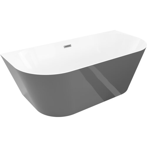 Biała i szara wanna wolnostojąca o owalnym kształcie, z widocznym przelewem w kolorze gun gray szczotkowanym. Produkt ma gładką powierzchnię i nowoczesny design.
