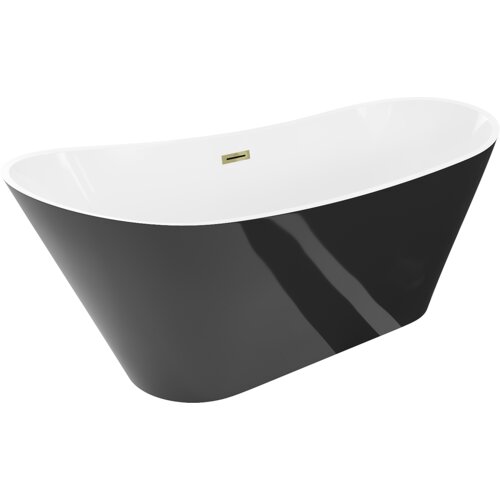 Wolnostojąca wanna o wymiarach 150 x 75 cm z białym wnętrzem i czarną zewnętrzną powierzchnią, wyposażona w złoty przelew. Produkt ma elegancki, nowoczesny design.