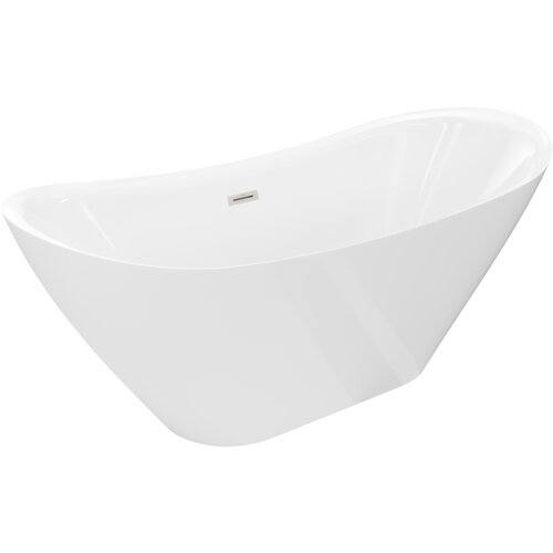 Biała wanna wolnostojąca o opływowym kształcie, z widocznym przelewem w kolorze niklu szczotkowanego. Produkt ma gładką powierzchnię i elegancki design.