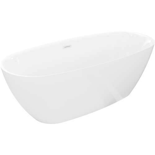 Biała, wolnostojąca wanna o opływowym kształcie z widocznym przelewem. Produkt ma gładką powierzchnię i minimalistyczny design.