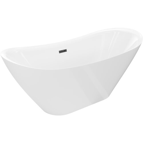 Biała wanna wolnostojąca o opływowym kształcie z czarnym przelewem na wewnętrznej stronie. Produkt ma gładką powierzchnię i nowoczesny design.