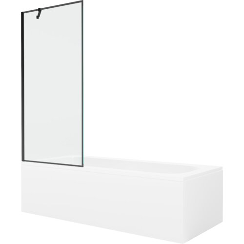 Prostokątna wanna z białą obudową i przezroczystym, jednoskrzydłowym parawanem z czarną ramą. Produkt ma minimalistyczny design i gładką powierzchnię.