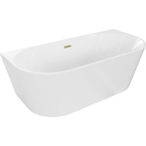 Biała, wolnostojąca wanna o owalnym kształcie z widocznym złotym, szczotkowanym przelewem. Produkt ma gładką powierzchnię i prosty, elegancki design.