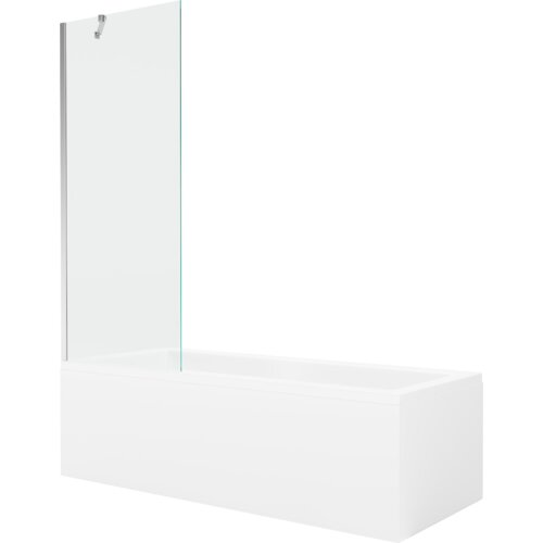 Prostokątna wanna z białą obudową i przezroczystym, jednoskrzydłowym parawanem wykonanym z chromowanego materiału. Produkt ma minimalistyczny design i gładką powierzchnię.