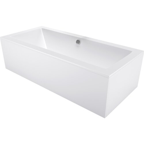 Biała, prostokątna wanna z obudową, o gładkiej powierzchni i widocznym odpływie na jednym z krótszych boków. Produkt ma minimalistyczny design i jednolitą kolorystykę.