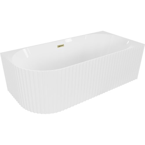 Biała, połyskująca wanna wolnostojąca o ryflowanej powierzchni z widocznym złotym przelewem. Produkt ma kształt narożny i wymiary 150 x 75 cm.