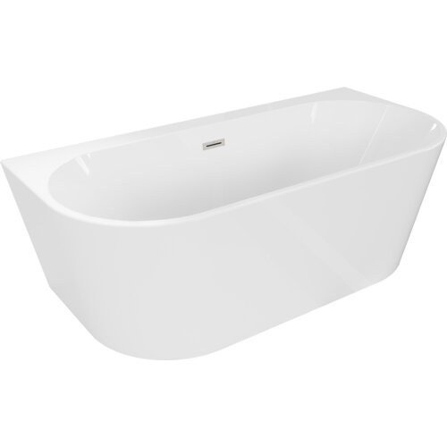 Biała wanna wolnostojąca o owalnym kształcie, z przelewem w kolorze niklu szczotkowanego, ma gładką powierzchnię i prosty, nowoczesny design. Produkt jest oznaczony jako "Mexen Oval+ wanna wolnostojąca przyścienna 170 x 80 cm, biała, przelew nikiel szczotkowany - 52681708000-97".
