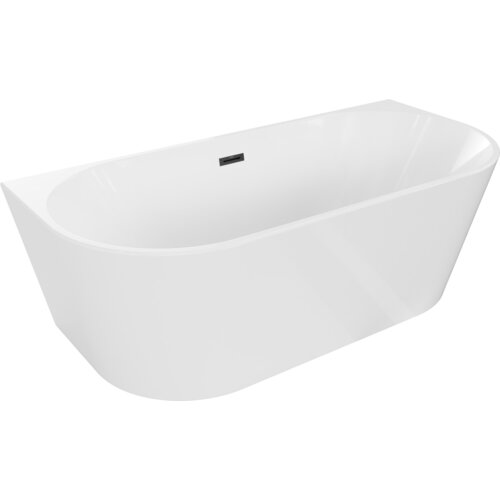 Biała wanna wolnostojąca o owalnym kształcie z czarnym przelewem, przeznaczona do montażu przy ścianie. Produkt ma wymiary 150 x 75 cm.