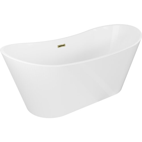 Biała wanna wolnostojąca o opływowym kształcie z widocznym złotym przelewem. Produkt ma gładką powierzchnię i elegancki design.