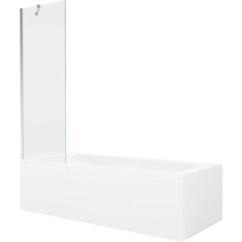 Prostokątna wanna z białą obudową i przezroczystym, jednoskrzydłowym parawanem wykonanym z chromowanego materiału. Produkt ma minimalistyczny design i gładką powierzchnię.