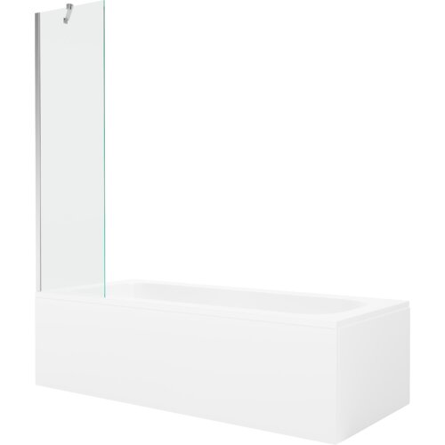Prostokątna wanna z białą obudową i przezroczystym, jednoskrzydłowym parawanem z chromowanymi elementami mocującymi. Produkt ma minimalistyczny design i gładką powierzchnię.
