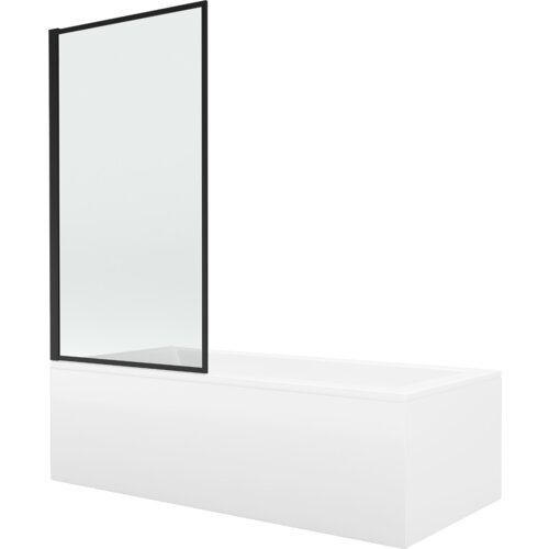 Prostokątna wanna z białą obudową i czarnym, jednoskrzydłowym parawanem szklanym. Produkt ma minimalistyczny design z wyraźnymi liniami i kontrastującymi kolorami.
