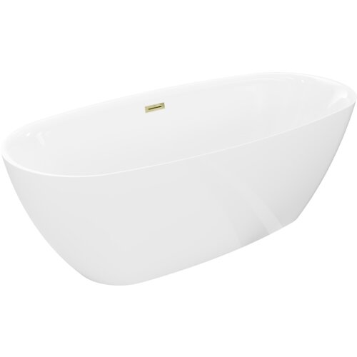 Biała, wolnostojąca wanna o opływowym kształcie z widocznym złotym przelewem. Produkt to "Mexen Luvo Slim wanna wolnostojąca 170 x 75 cm, biała, przelew złoty - 52801707500-50".