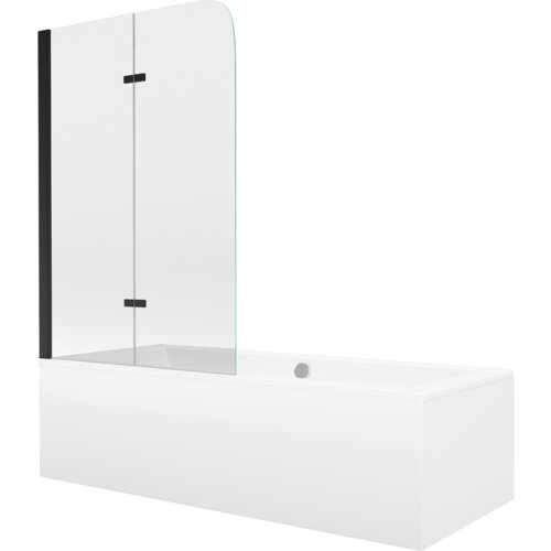 Prostokątna wanna z białą obudową i przezroczystym, dwuskrzydłowym parawanem z czarnymi elementami mocującymi. Produkt ma nowoczesny design i gładką powierzchnię.