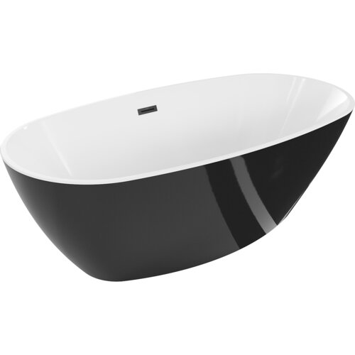 Wolnostojąca wanna o owalnym kształcie, zewnętrzna powierzchnia czarna, wewnętrzna biała, z czarnym przelewem. Produkt o wymiarach 180 x 95 cm.