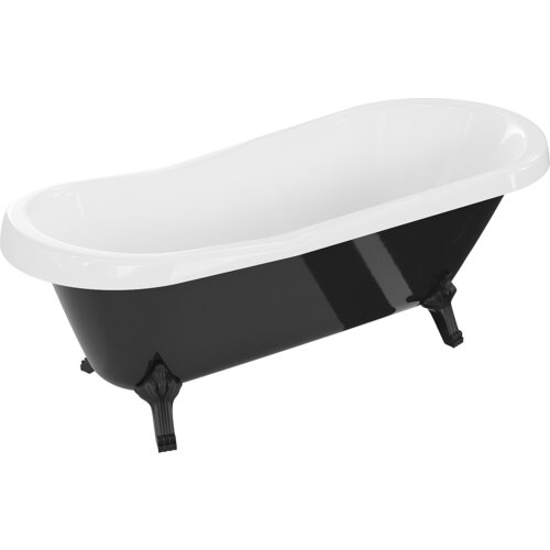 Biała wanna wolnostojąca z czarnym zewnętrzem i czarnymi nogami, o klasycznym, zaokrąglonym kształcie. Produkt ma elegancki, retro design.