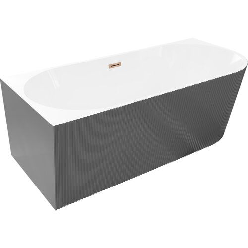 Wolnostojąca wanna narożna o wymiarach 150 x 75 cm, w kolorze białym z szarymi, ryflowanymi bokami i przelewem w kolorze różowego złota. Produkt ma prostokątny kształt z zaokrąglonymi krawędziami.
