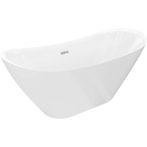 Na zdjęciu widoczna jest biała, wolnostojąca wanna o opływowym kształcie z chromowanym przelewem. Produkt ma gładką powierzchnię i nowoczesny design.