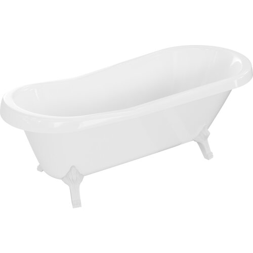 Biała wanna wolnostojąca o klasycznym, zaokrąglonym kształcie, z ozdobnymi, białymi nogami. Produkt ma gładką powierzchnię i elegancki design.