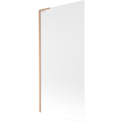 Jednoskrzydłowy parawan nawannowy o wymiarach 90 x 150 cm, wykonany z mrożonego szkła z ramą w kolorze szczotkowanej miedzi. Produkt ma prosty, nowoczesny design bez widocznych napisów czy logo.