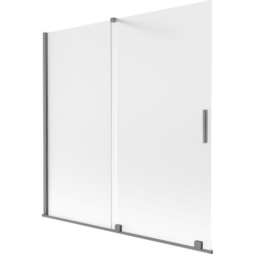 Dwuskrzydłowy, rozsuwany parawan nawannowy o wymiarach 160 x 150 cm, wykonany z matowego szkła z metalowymi elementami w kolorze gun metal. Produkt posiada prostokątny uchwyt na jednym ze skrzydeł.