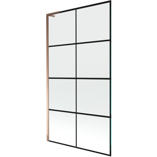 Jednoskrzydłowy parawan nawannowy o wymiarach 100 x 150 cm z czarną kratką i wykończeniem w kolorze różowego złota. Produkt ma prostokątny kształt z widocznymi pionowymi i poziomymi liniami tworzącymi kratkę.