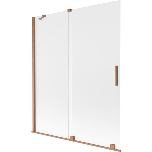 Dwuskrzydłowy parawan nawannowy o wymiarach 140 x 150 cm, wykonany z mrożonego szkła z elementami w kolorze szczotkowanej miedzi. Produkt ma prostą, nowoczesną konstrukcję z widocznymi uchwytami i mocowaniami.