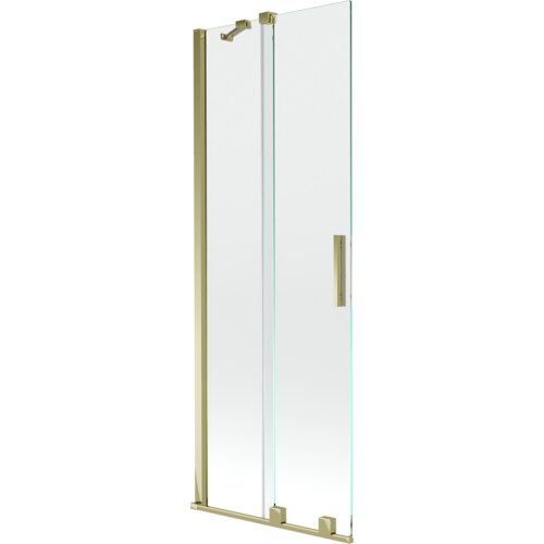 Dwuskrzydłowy, rozsuwany parawan nawannowy o wymiarach 75 x 150 cm, wykonany z transparentnego szkła z elementami w złotym kolorze. Produkt posiada prostokątny uchwyt oraz złote okucia.